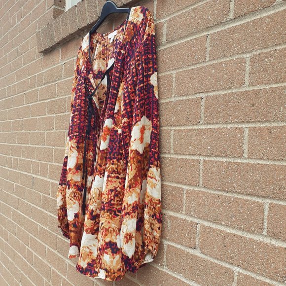 Autumn Colors Flower Boho Satin-feel Flowy Button L/Sleeve Blouse 1X,measurement - Picture 2 of 5